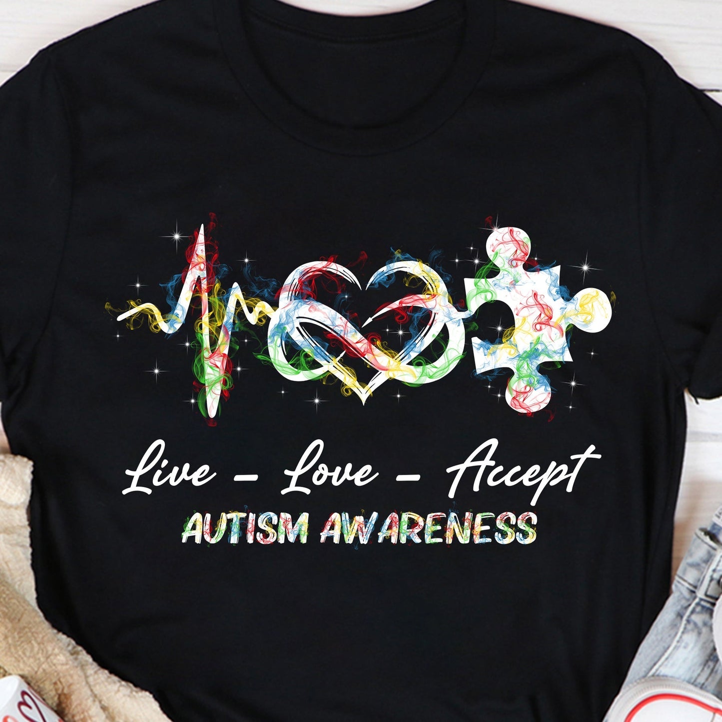 T-shirt et sweat à capuche « Vivre, aimer, accepter » (sensibilisation à l’autisme) 0523