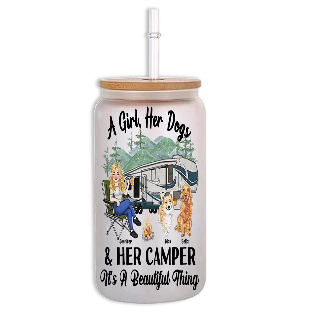 A Girl Her Dog And Her Camper - Camping gift for dog lover - Personalized Can Glass