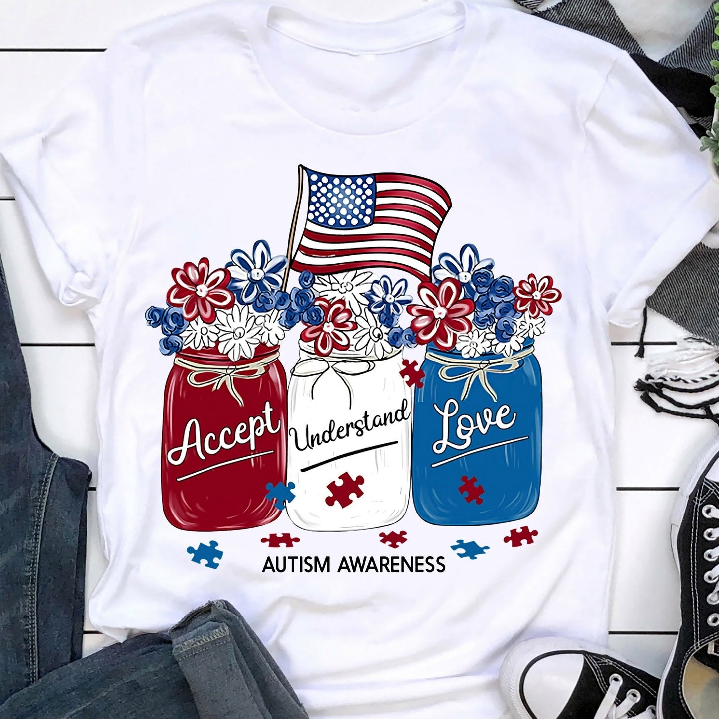 T-shirt et sweat-shirt à capuche avec drapeau américain pour la sensibilisation à l'autisme 0523