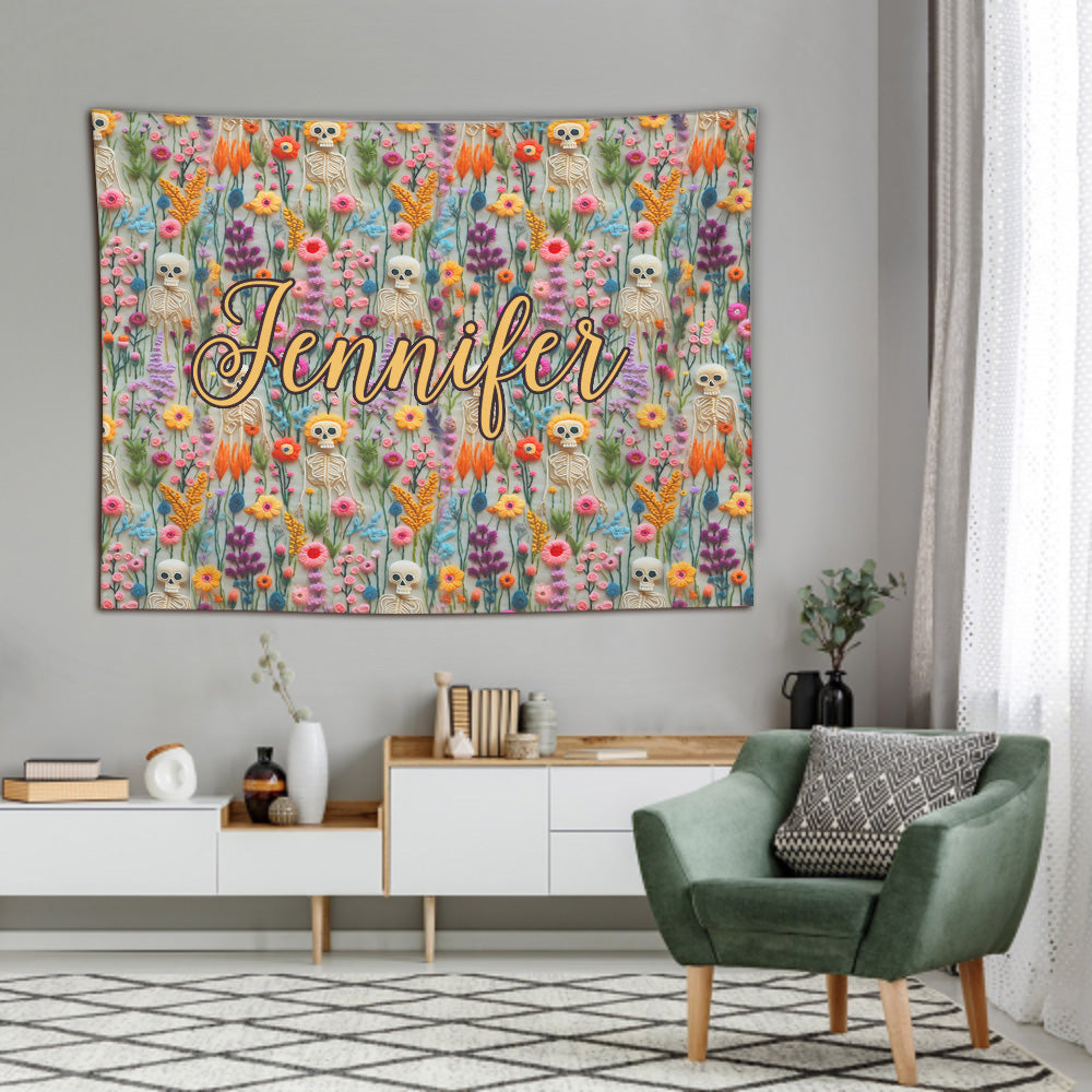 Tapisserie murale personnalisée en forme de crâne avec motif floral squelette