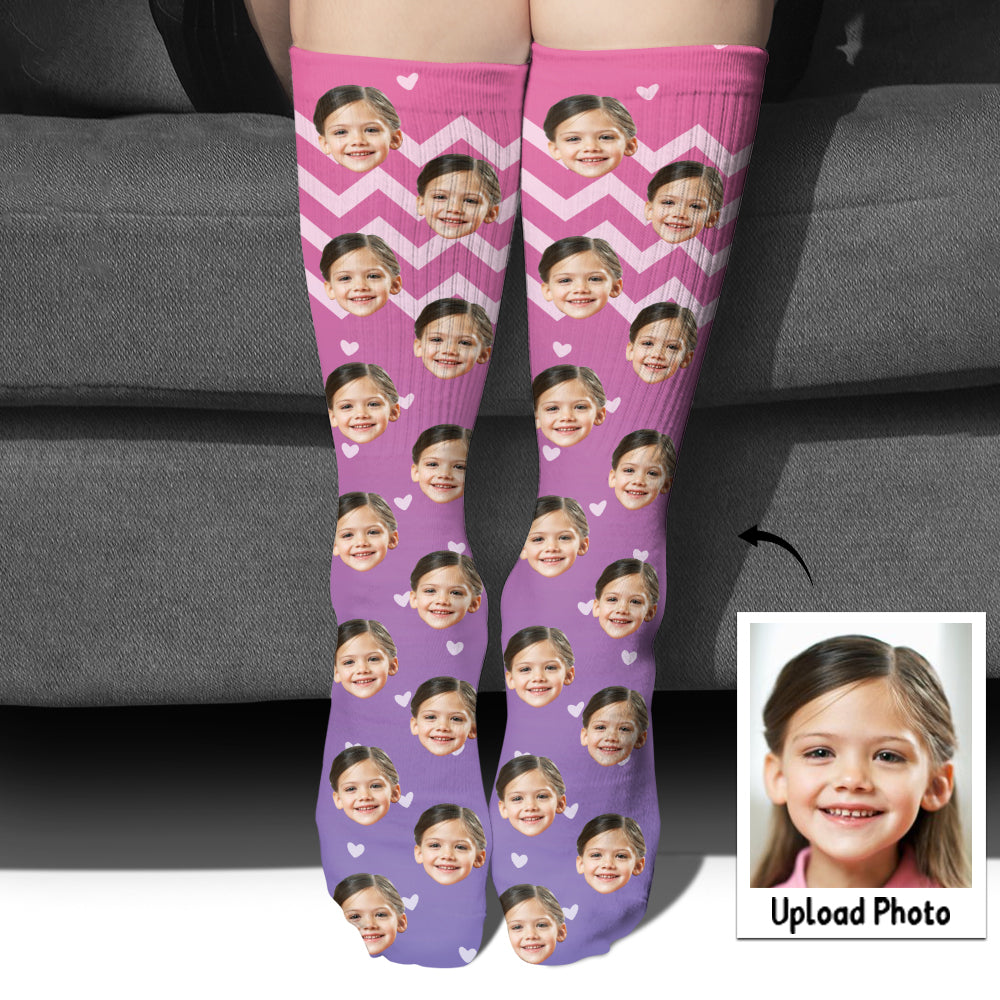 Chaussettes personnalisées pour petite-fille, motif violet et visage personnalisé