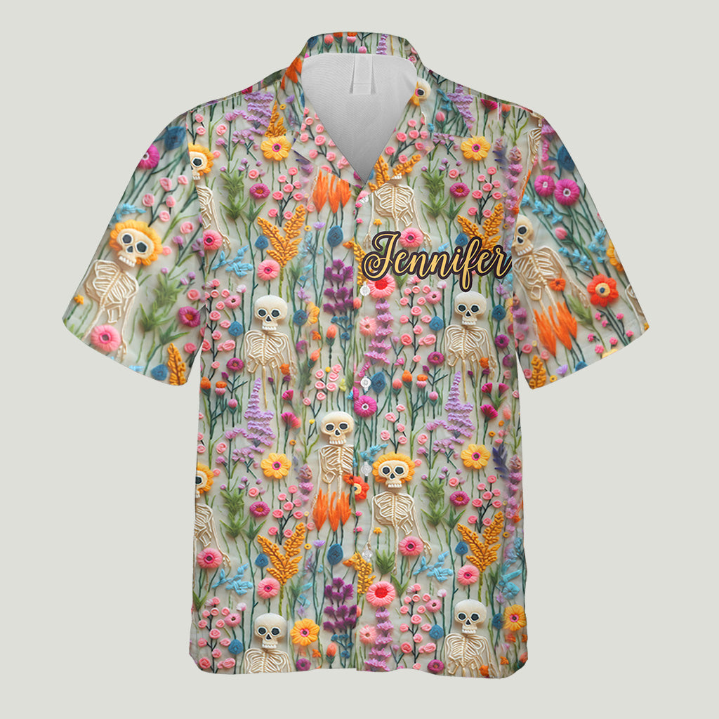 Chemise hawaïenne personnalisée à motif squelette floral et crâne