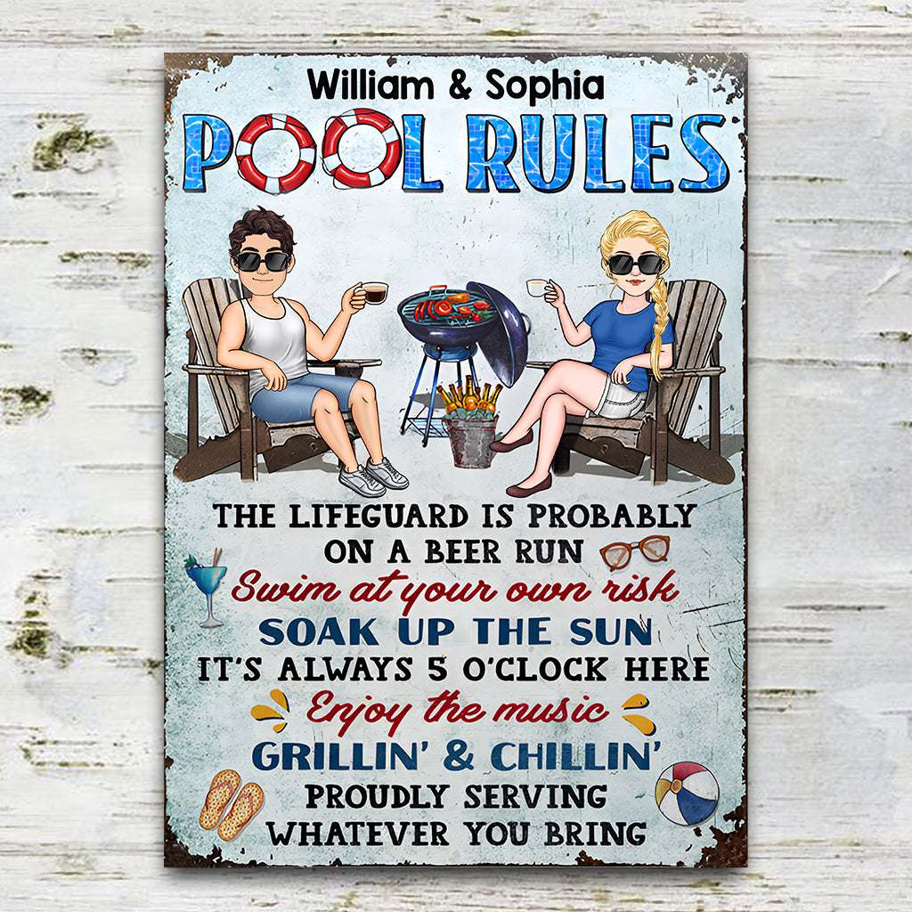 Pool Rules Swim At Your Own Risk - Personalized Backyard Rectangle Metal Sign