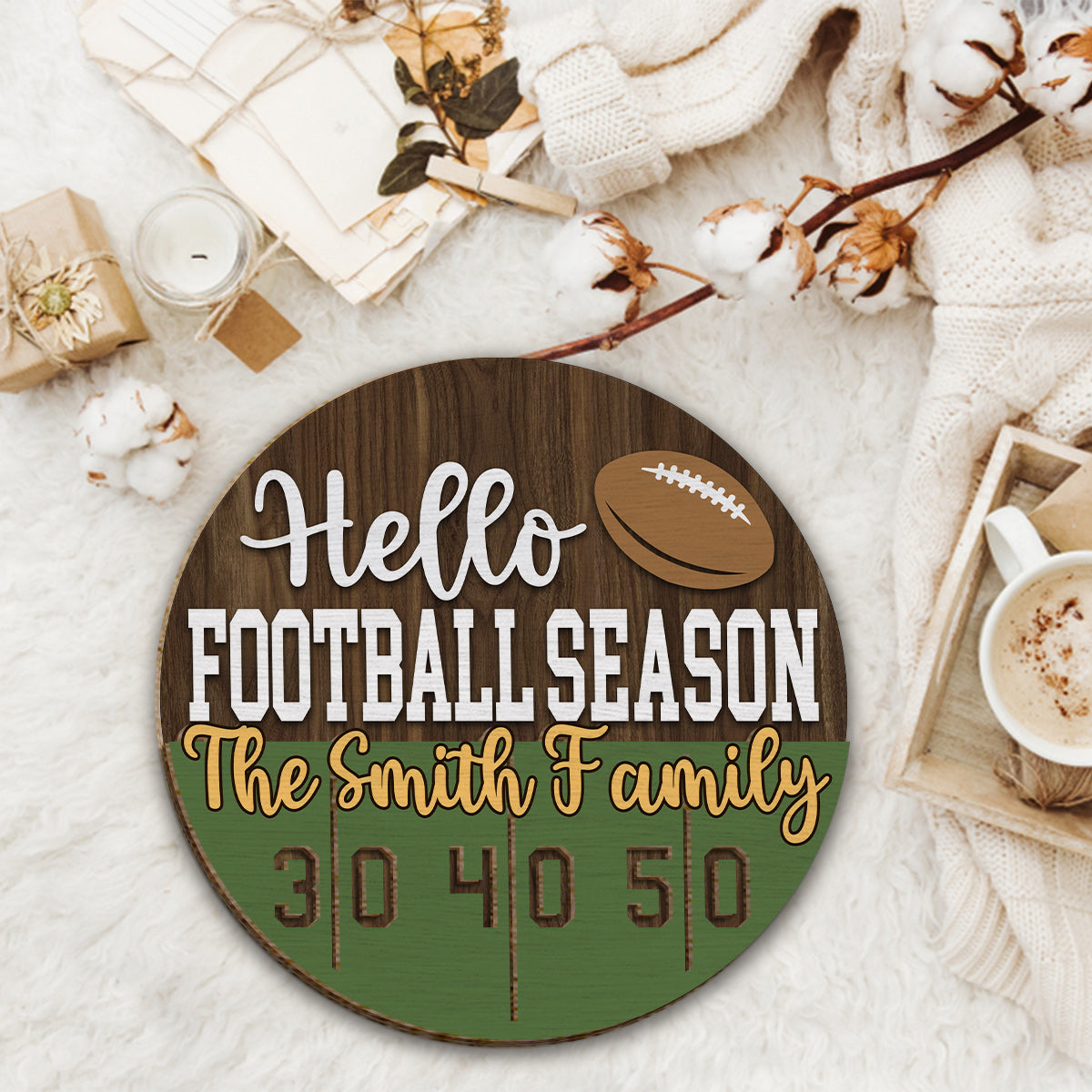 Bonjour la saison de football ! - Panneau/plaque en bois personnalisé(e) à 2 couches sur le thème du football