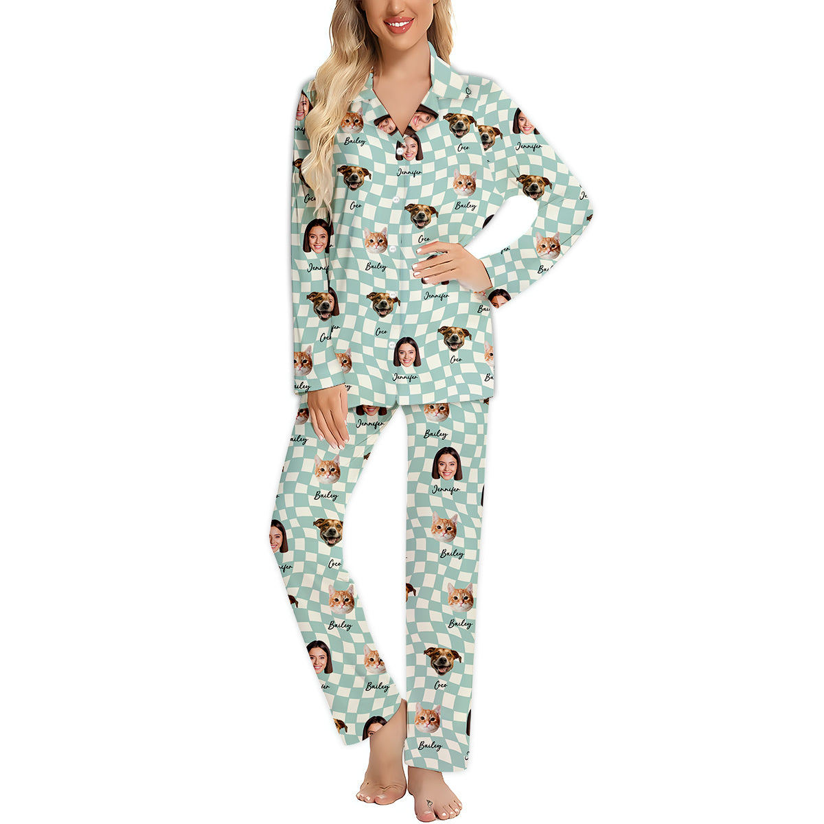 Pyjama à boutons personnalisé pour chat, motif à carreaux, avec photo au choix parmi de nombreuses couleurs de fond