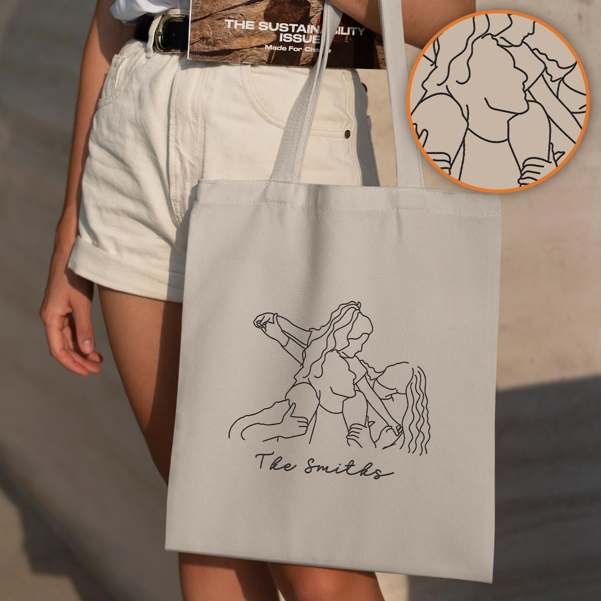 Custom Photo Line Art - Personalized Family Embroidered Tote Bag