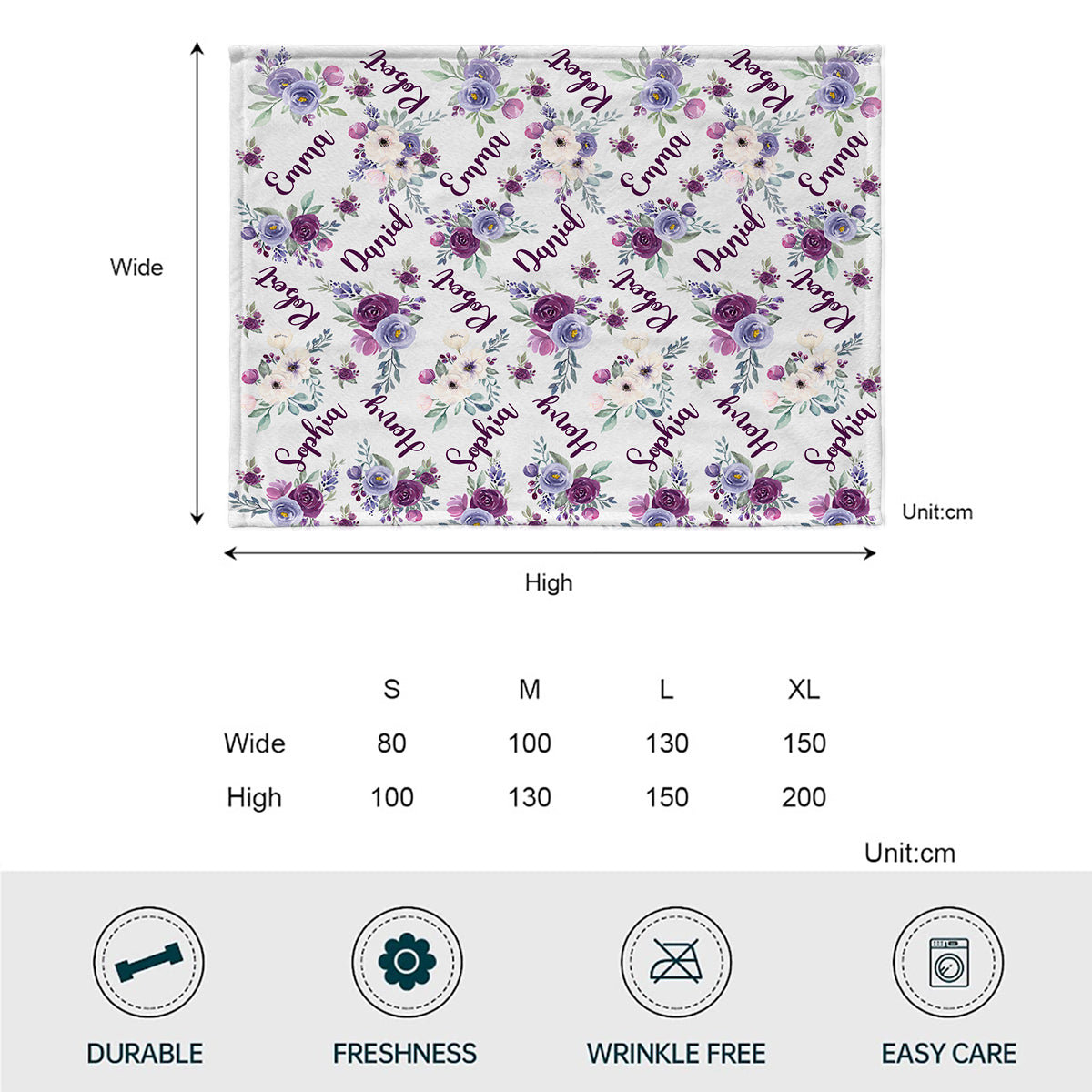 Couverture familiale personnalisée avec nom et fleurs violettes