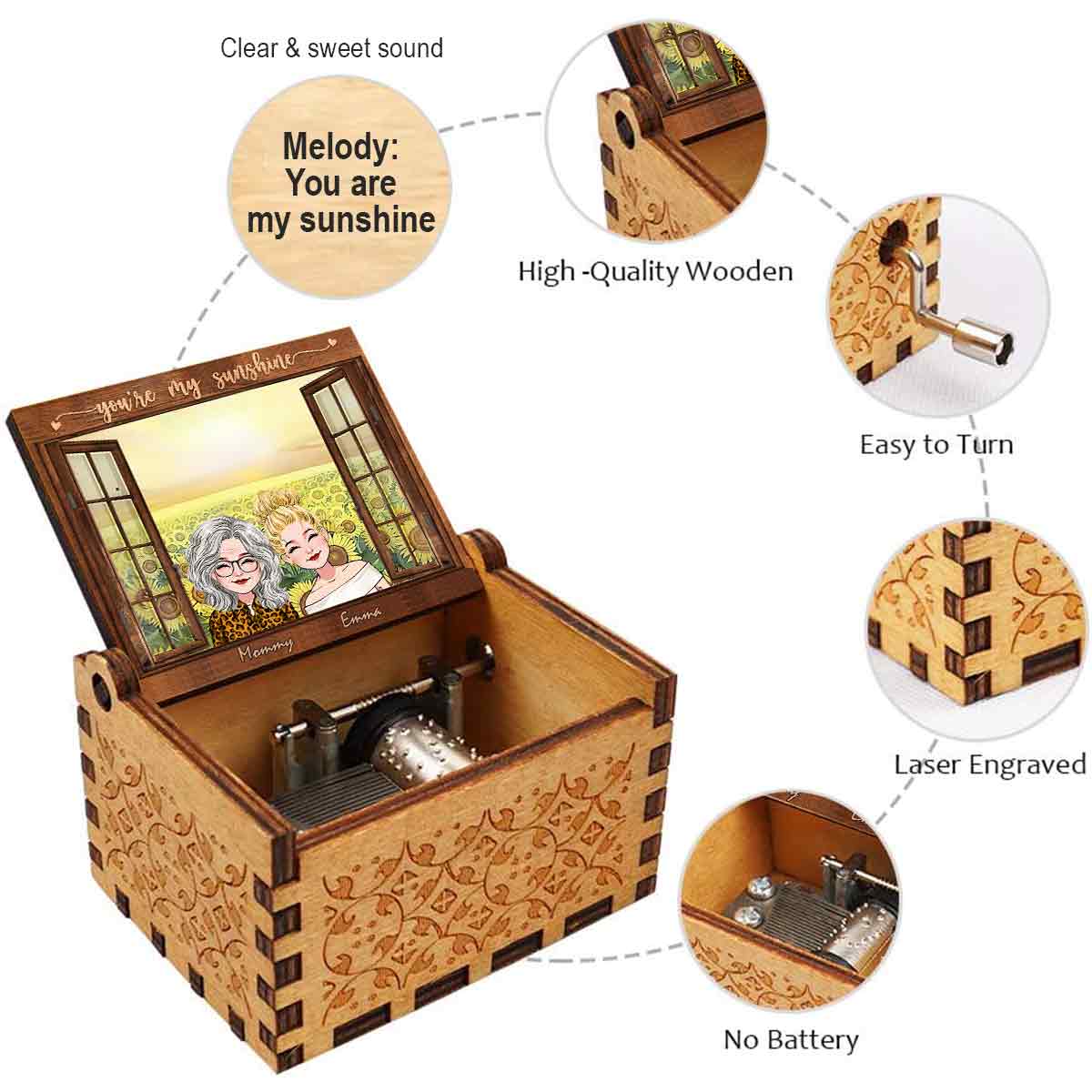 Tu es mon rayon de soleil - Boîte à musique à manivelle personnalisée pour maman