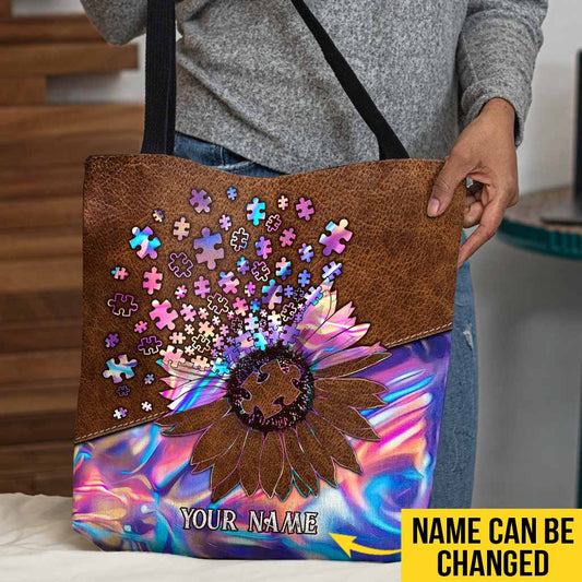 Sac fourre-tout personnalisé Accept Understand Love Puzzles Tournesol Hologramme - Sensibilisation à l'autisme