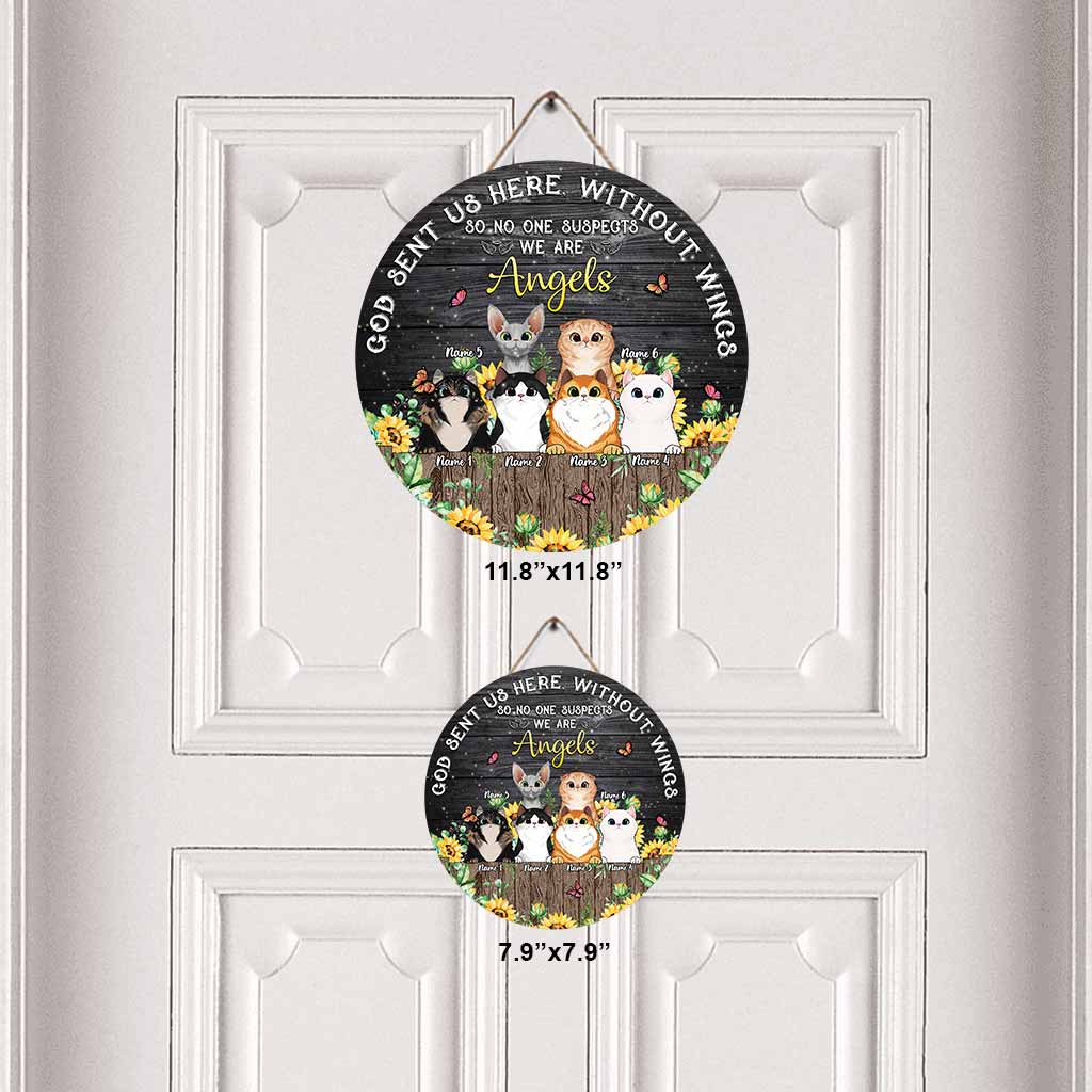 Dieu nous a envoyés sans ailes - Panneau rond en bois personnalisé avec un chat
