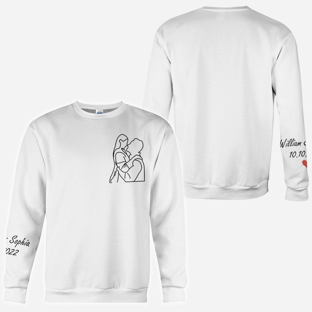 Portraits dessinés au trait personnalisés - T-shirt personnalisé mari et femme imprimé sur toute la surface