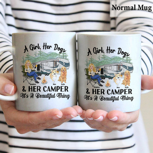 Une fille, son chien et sa caravane - Cadeau de camping pour les amoureux des chiens - Mug personnalisé