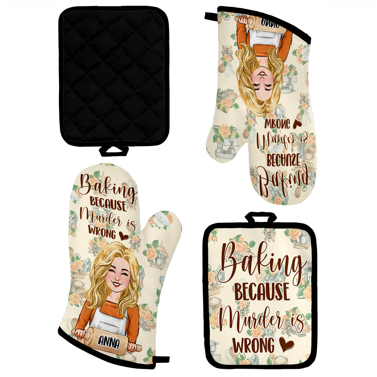 Baking Because Murder Is Wrong - Personalized Baking Oven Mitts & Pot Holder Set