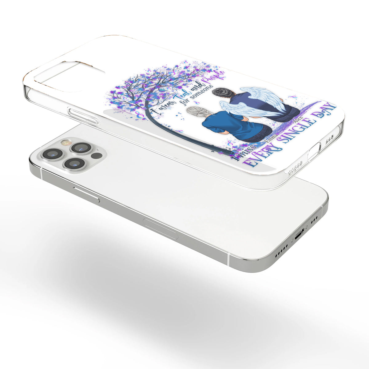 Je porte du turquoise et du violet - Coque de téléphone transparente personnalisée pour la prévention du suicide