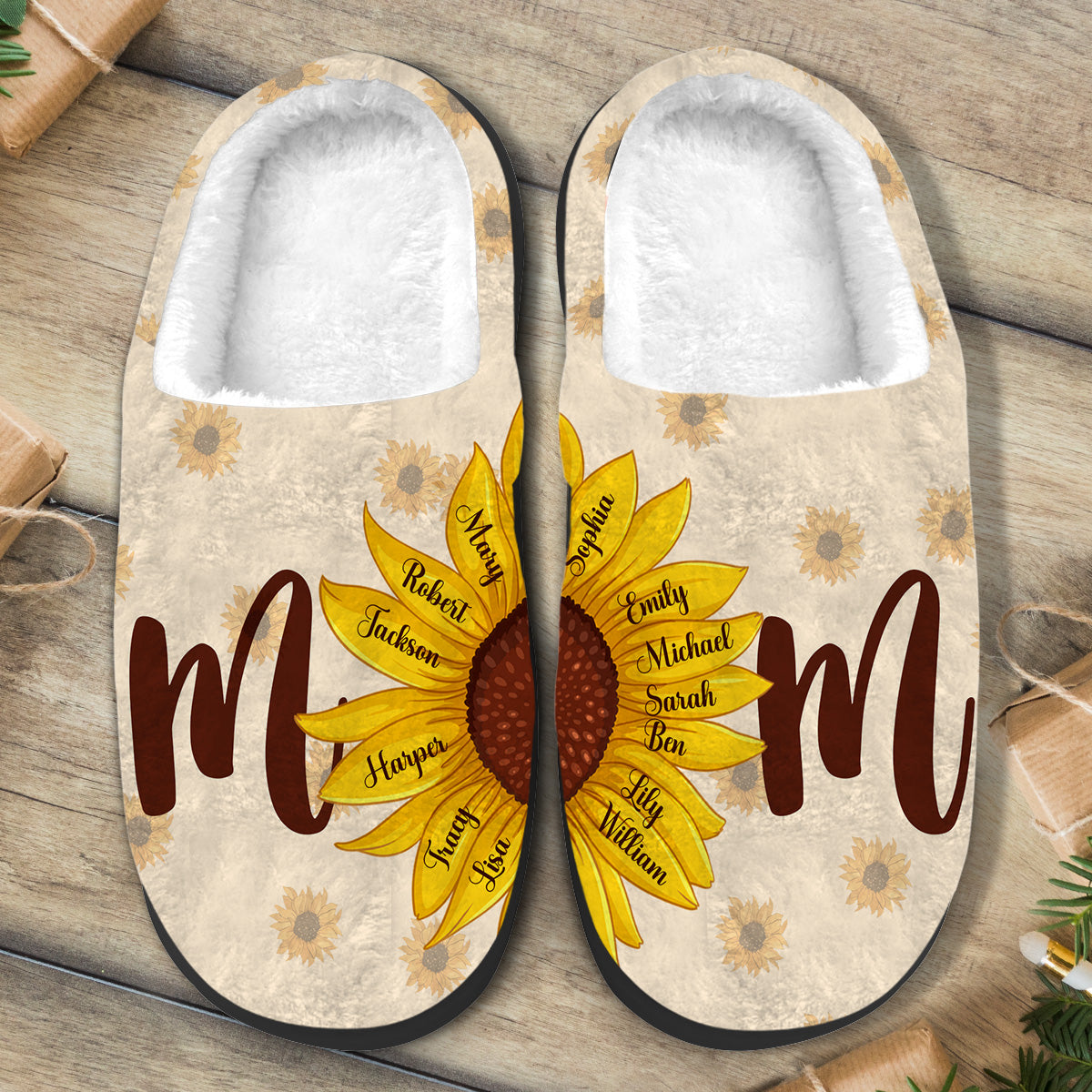 Pantoufles personnalisées pour maman et enfants, motif tournesol et papillons