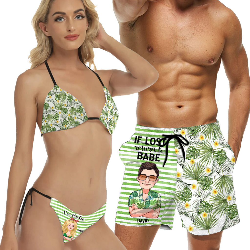 Si perdu, retournez à Babe - Maillot de bain bikini triangle personnalisé pour amoureux de la mer et short pour homme