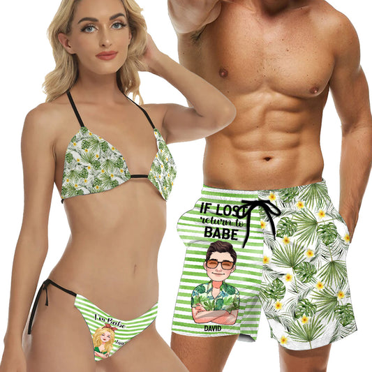 If Lost Return To Babe - Personalized Sea Lover Triangle Bikini Swimsuit And Men Shorts