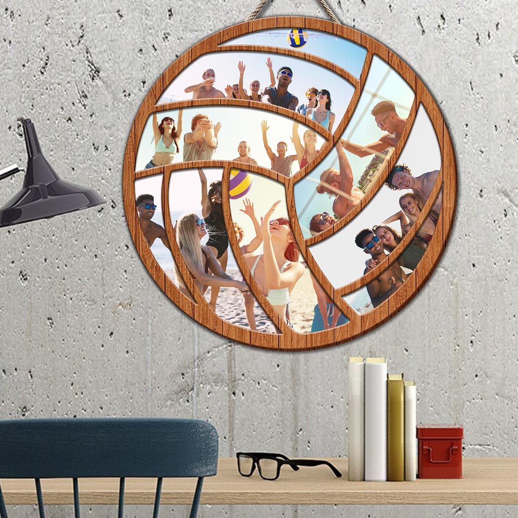 Collage photo cadeau pour joueur de volley-ball - Panneau rond en bois personnalisé sur le thème du volley-ball