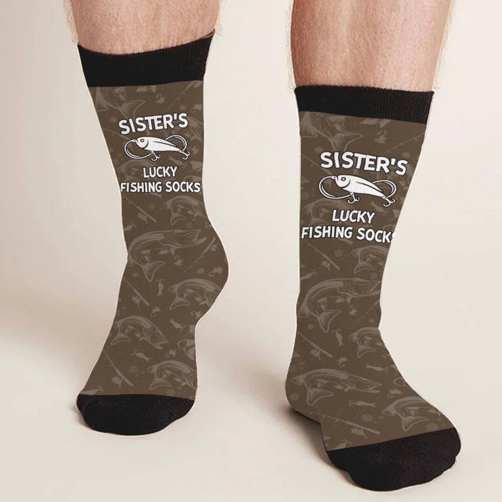 Lucky Fishing Socks - Gift for dad, uncle, aunt, grandma, grandpa, mom, son, daughter, brother, sister, granddaughter, grandson, husband, wife, boyfriend, girlfriend, friend, co-worker - Personalized Socks