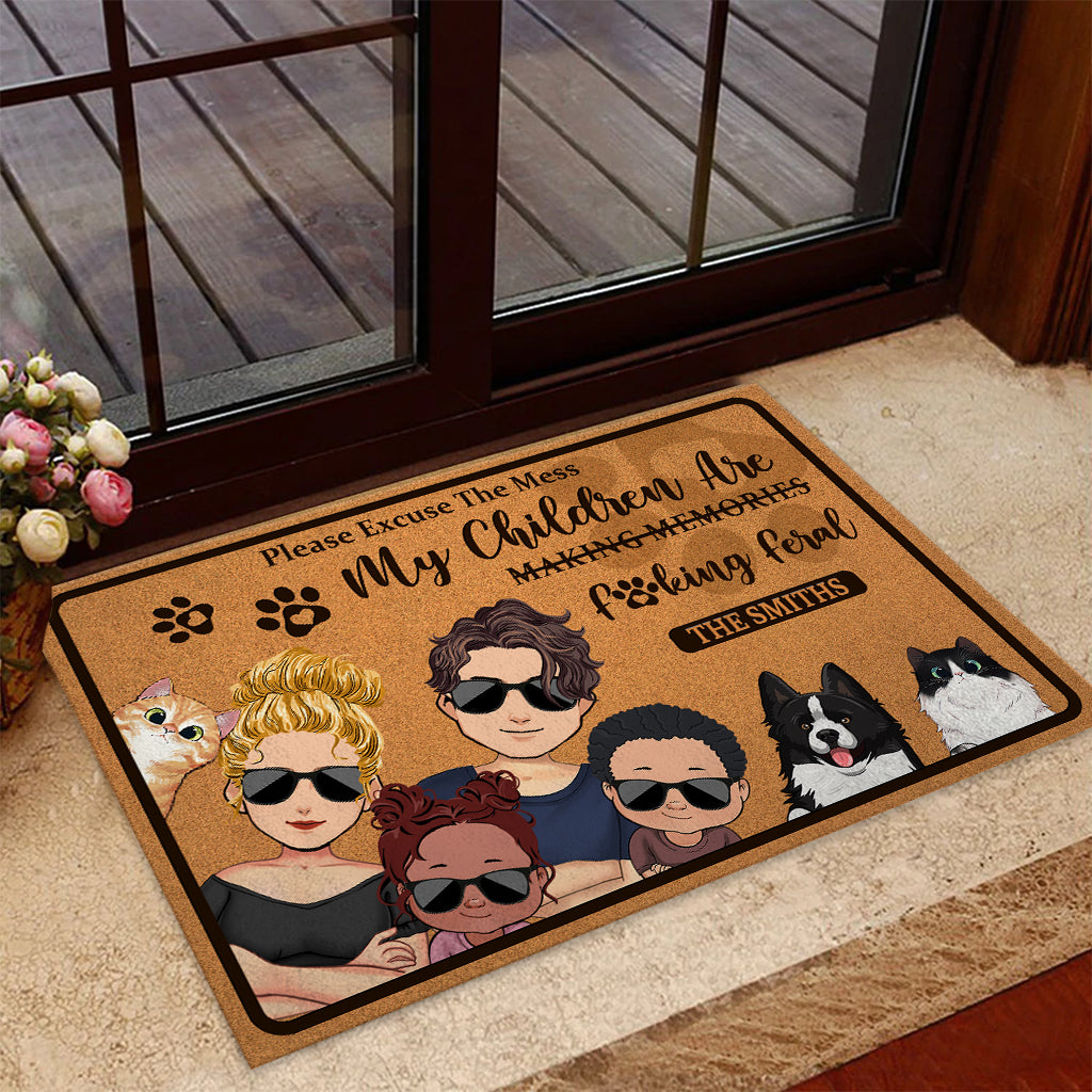 Please Excuse The Mess My Children Are Feral - Personalized Family Doormat