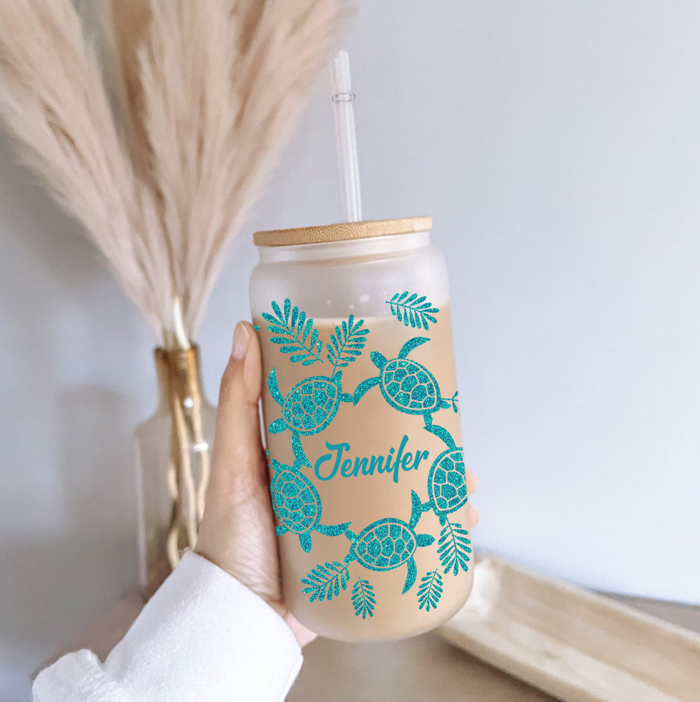 J'adore les tortues - Canette en verre personnalisée avec une tortue