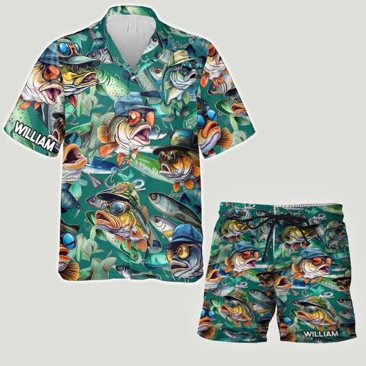 Passionné de pêche ? Chemise hawaïenne et short pour homme personnalisés sur le thème de la pêche.