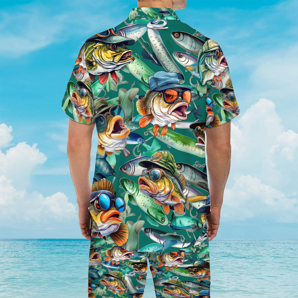 Passionné de pêche ? Chemise hawaïenne et short pour homme personnalisés sur le thème de la pêche.