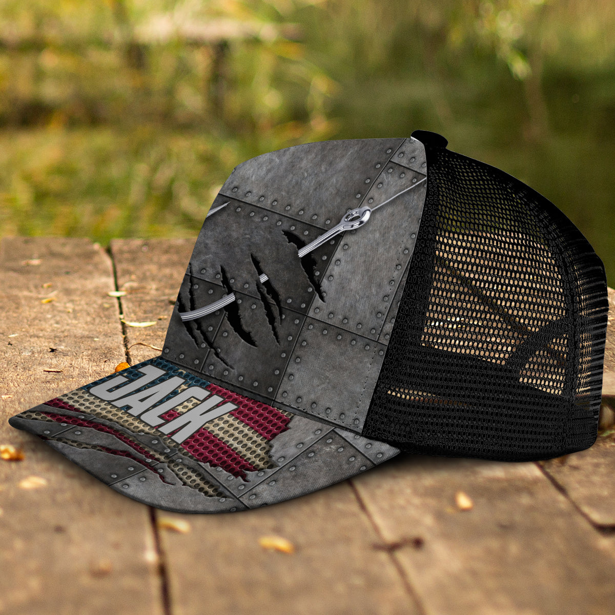 Casquette de pêcheur personnalisée Red White Blue Anglers (maille noire)