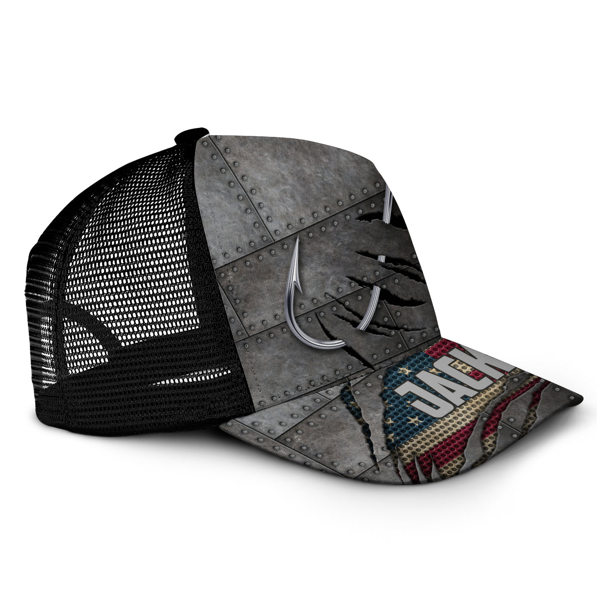 Casquette de pêcheur personnalisée Red White Blue Anglers (maille noire)