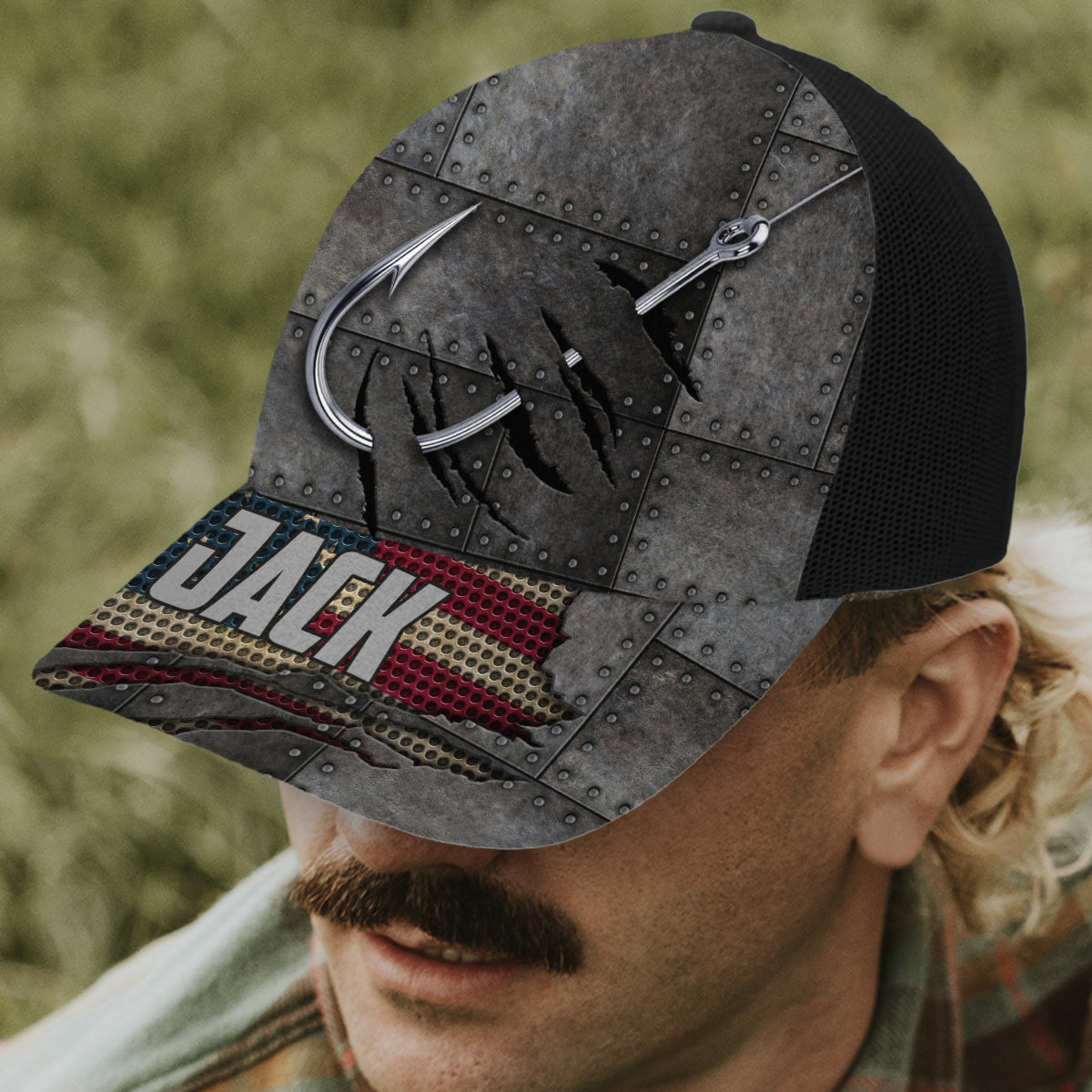 Casquette de pêcheur personnalisée Red White Blue Anglers (maille noire)