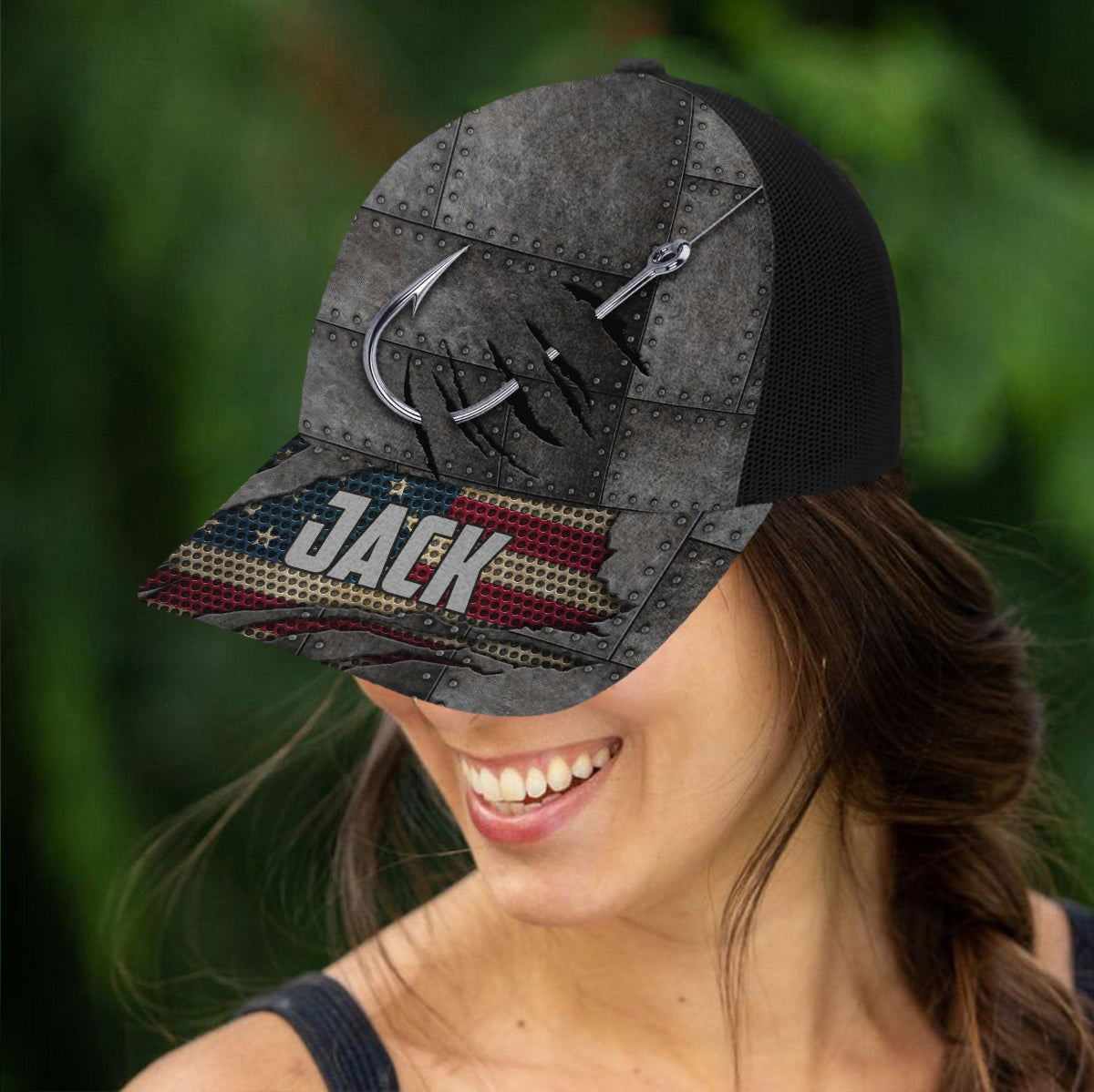 Casquette de pêcheur personnalisée Red White Blue Anglers (maille noire)