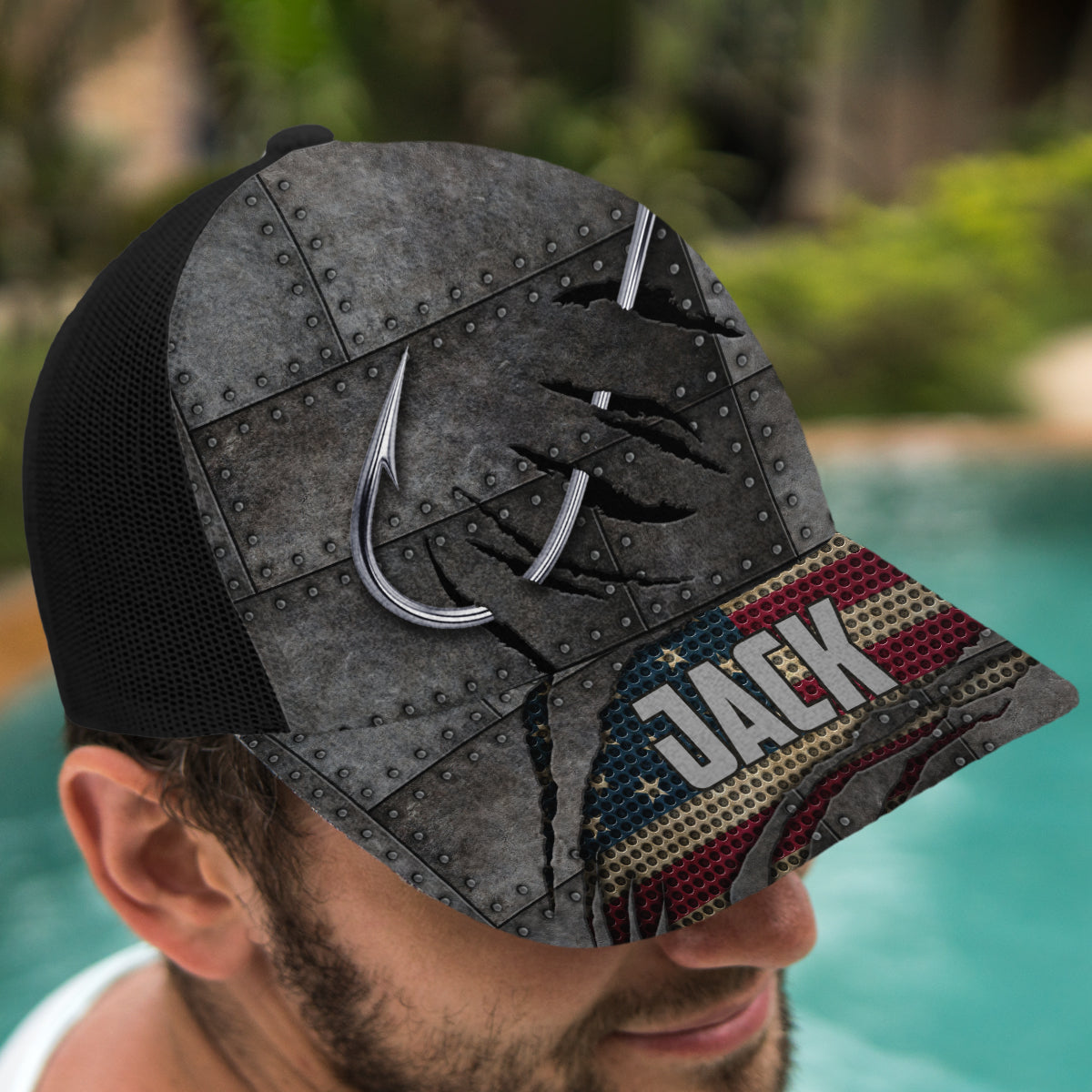 Casquette de pêcheur personnalisée Red White Blue Anglers (maille noire)