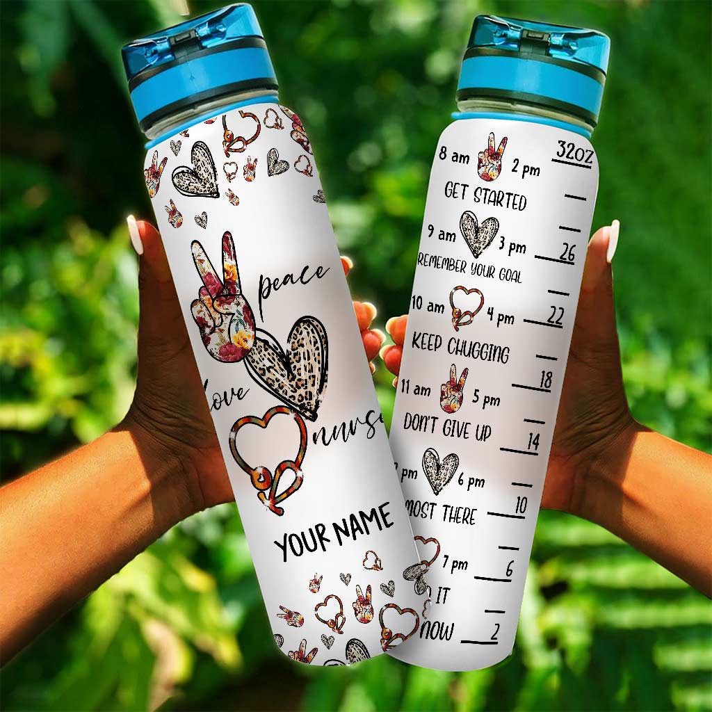 Infirmière Peace Love - Gourde personnalisée avec suivi d'hydratation