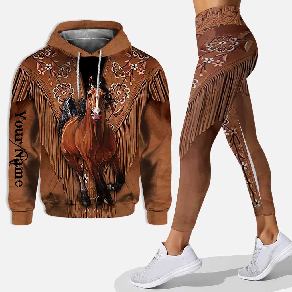 Fille à cheval - Sweat à capuche et legging personnalisés avec imprimé motif cuir