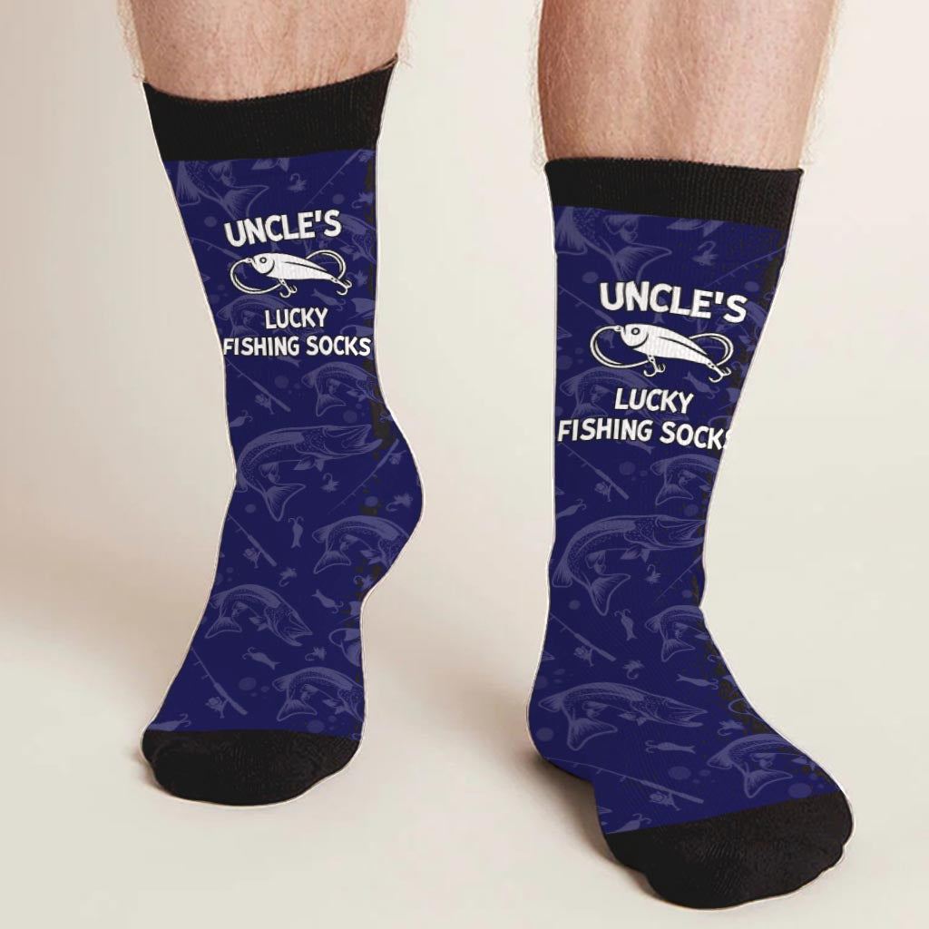 Lucky Fishing Socks - Gift for dad, uncle, aunt, grandma, grandpa, mom, son, daughter, brother, sister, granddaughter, grandson, husband, wife, boyfriend, girlfriend, friend, co-worker - Personalized Socks