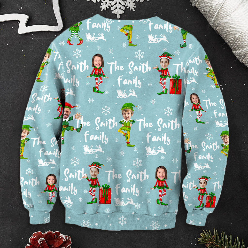 Pull moche bleu des lutins de Noël - Pull moche personnalisé pour toute la famille