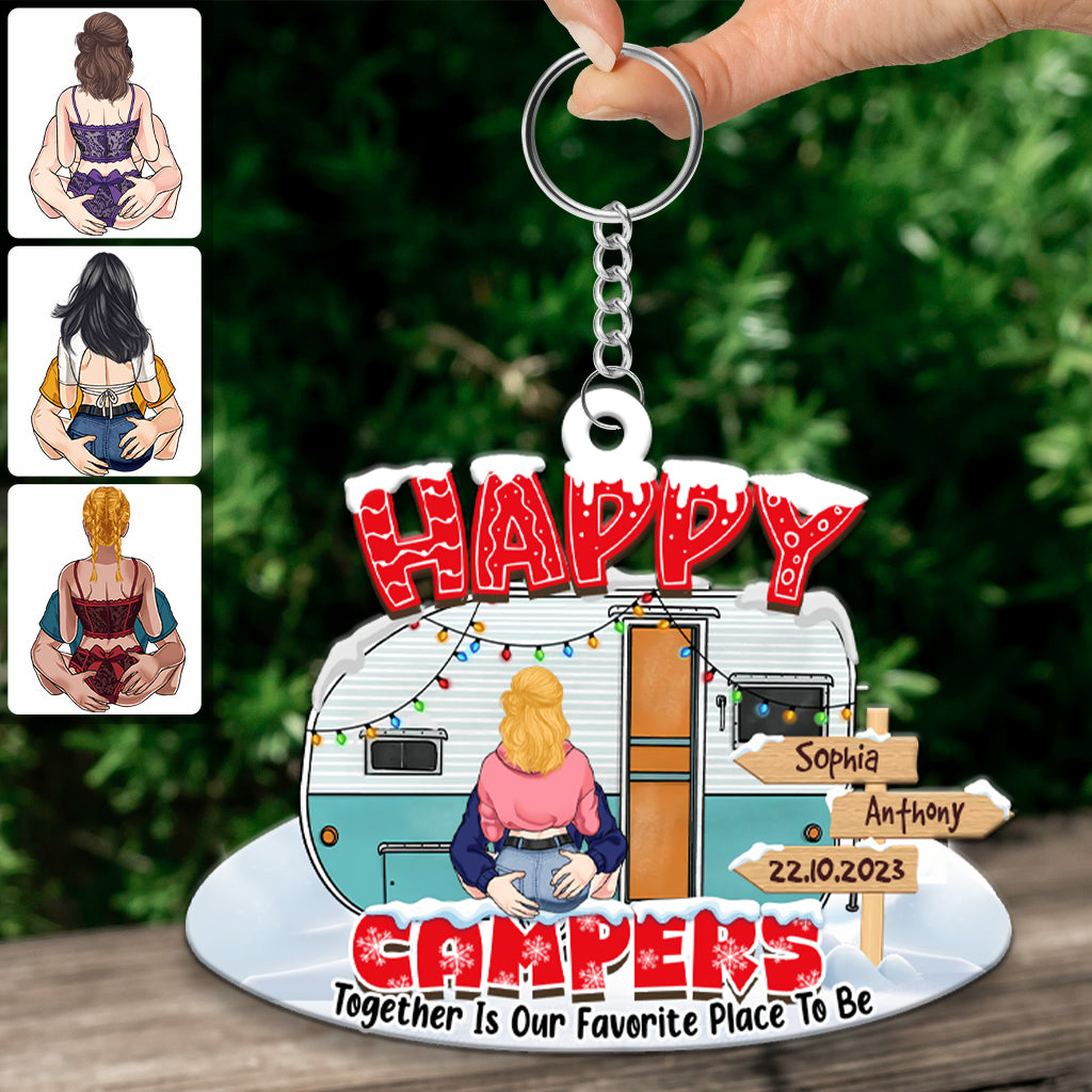 Happy Campers - Cadeau de camping pour mari, femme, petit ami, petite amie - Porte-clés personnalisé