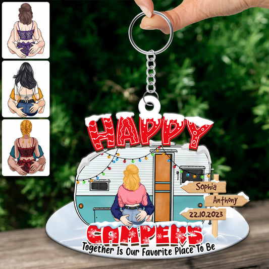 Happy Campers - Cadeau de camping pour mari, femme, petit ami, petite amie - Porte-clés personnalisé