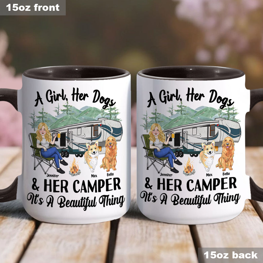 Une fille, son chien et sa caravane - Cadeau de camping pour les amoureux des chiens - Mug personnalisé