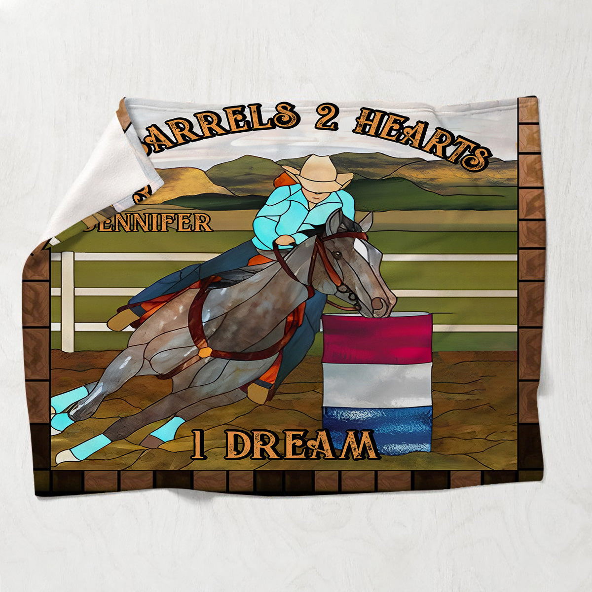 Couverture personnalisée pour chevaux « 3 barils, 2 cœurs, 1 rêve ».