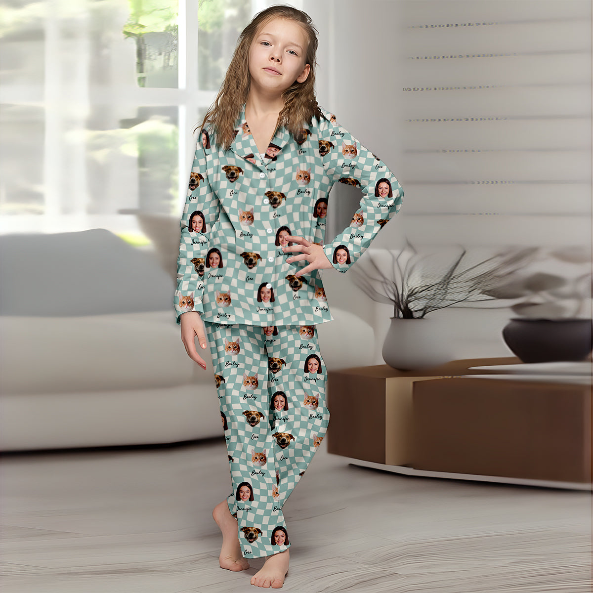 Pyjama à boutons personnalisé pour chat, motif à carreaux, avec photo au choix parmi de nombreuses couleurs de fond