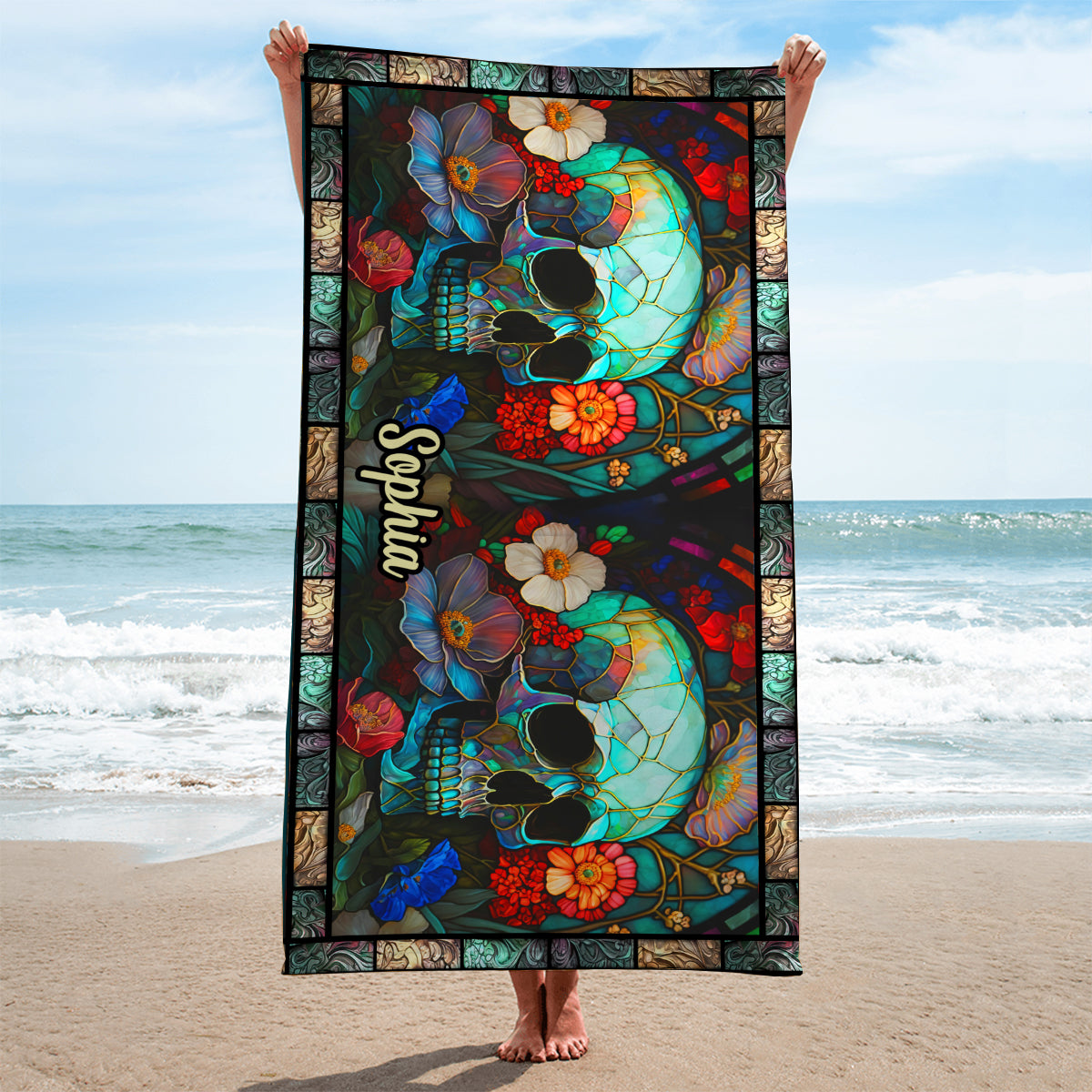Serviette de plage personnalisée avec motif de crâne floral - Serviette de plage personnalisée avec motif de crâne