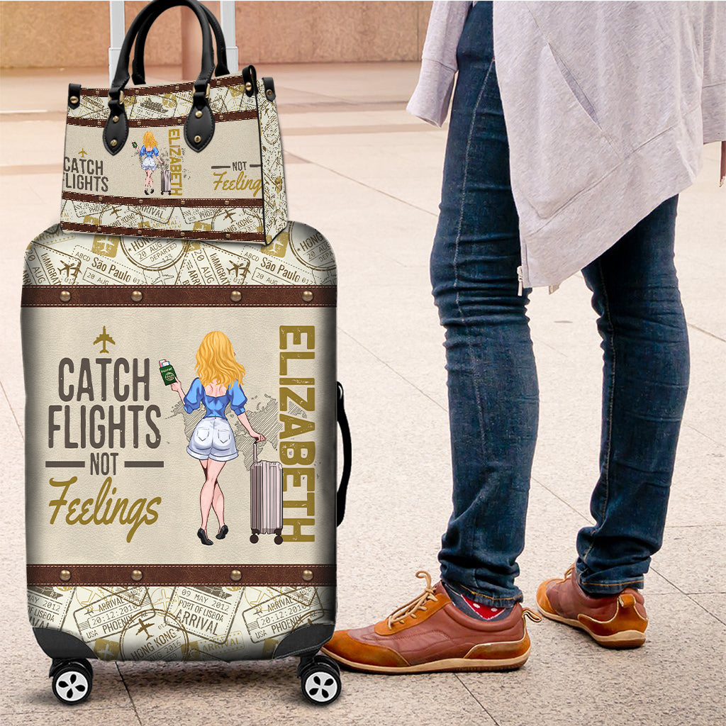 Catch Flights, Not Feelings - Personalized Travelling Leather Handbag & Luggage Cover