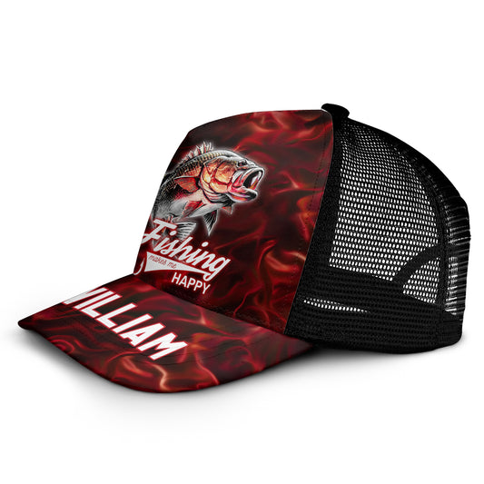La pêche me rend heureux - Casquette trucker personnalisée sur le thème de la pêche (maille noire)