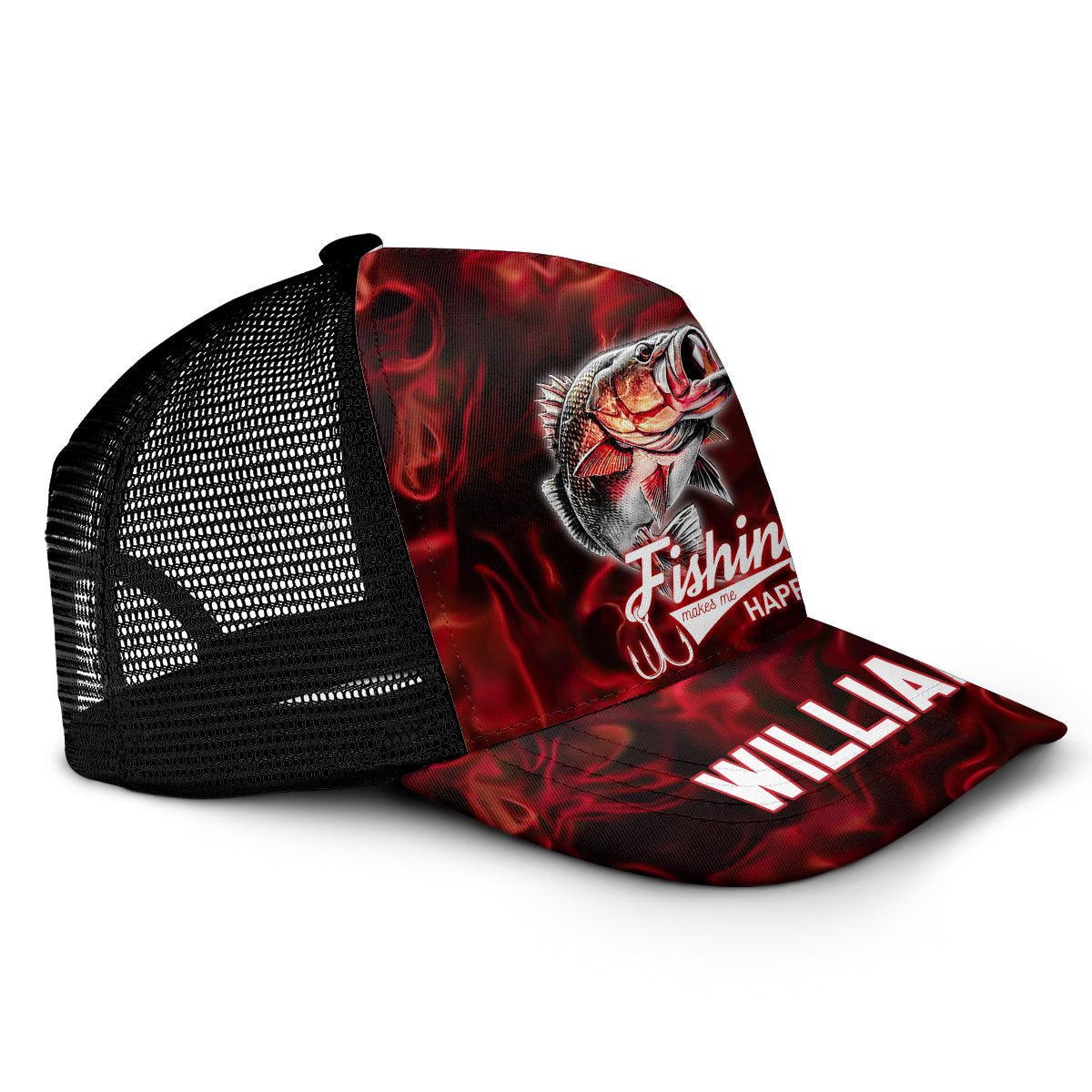 La pêche me rend heureux - Casquette trucker personnalisée sur le thème de la pêche (maille noire)