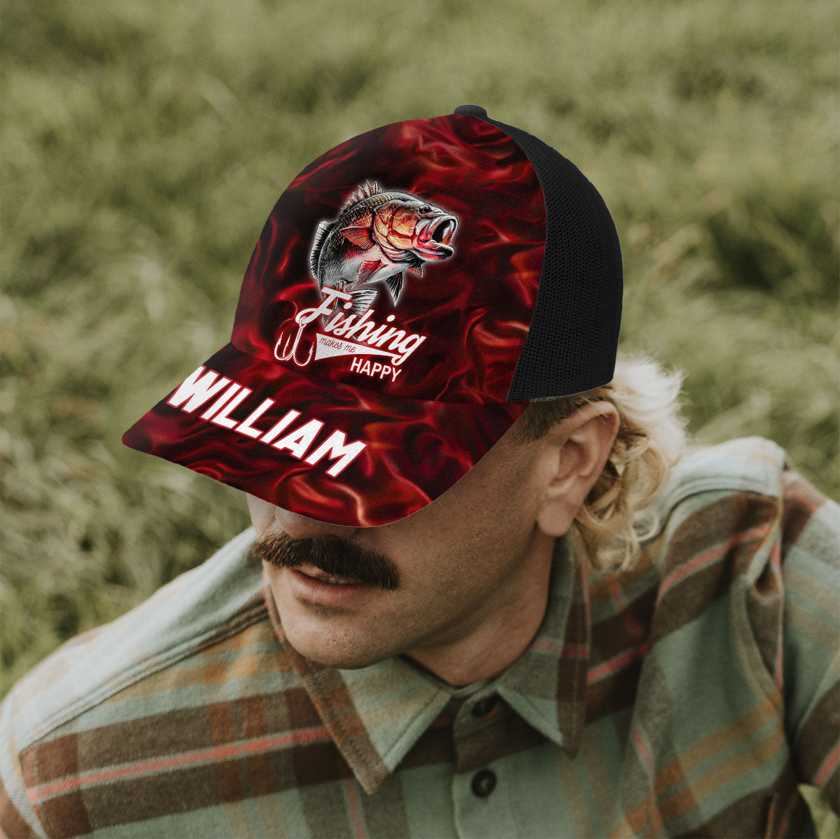 La pêche me rend heureux - Casquette trucker personnalisée sur le thème de la pêche (maille noire)