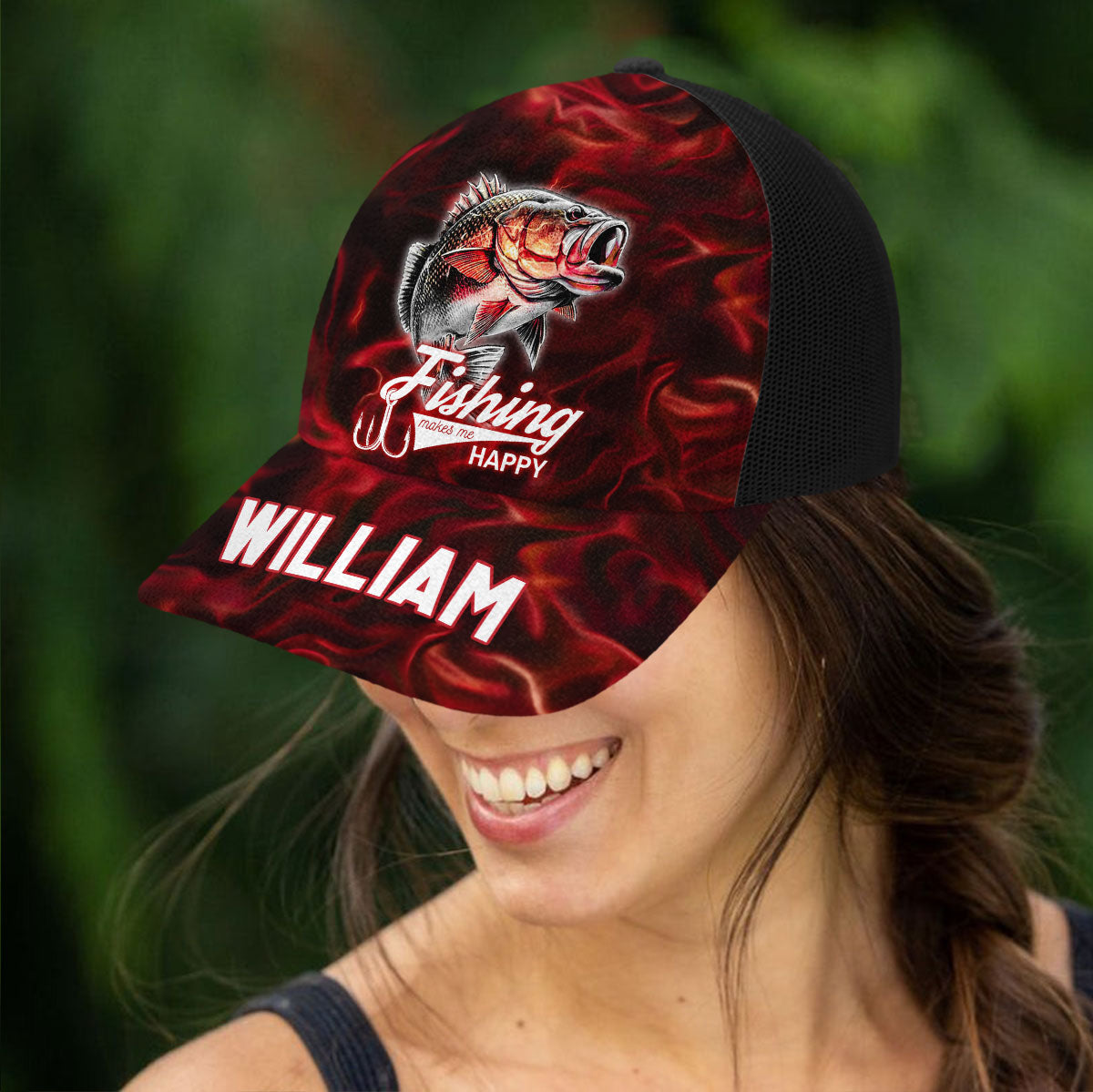 La pêche me rend heureux - Casquette trucker personnalisée sur le thème de la pêche (maille noire)