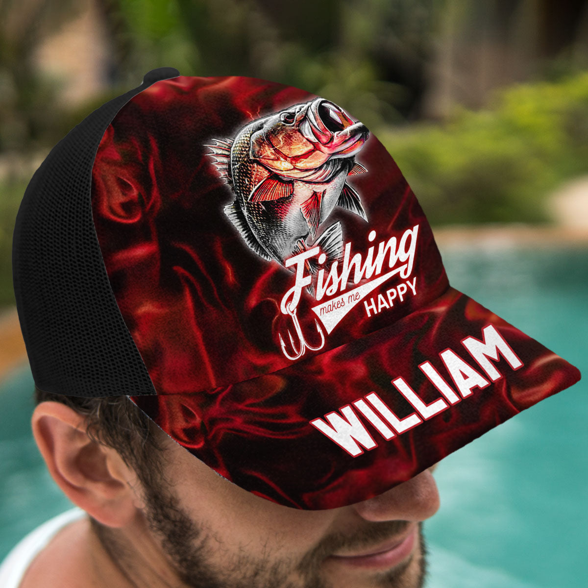 La pêche me rend heureux - Casquette trucker personnalisée sur le thème de la pêche (maille noire)
