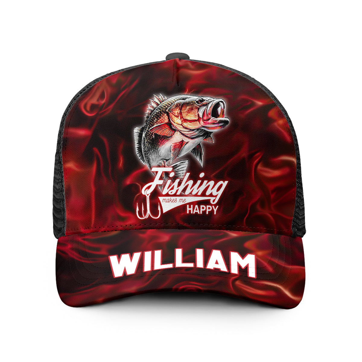 La pêche me rend heureux - Casquette trucker personnalisée sur le thème de la pêche (maille noire)