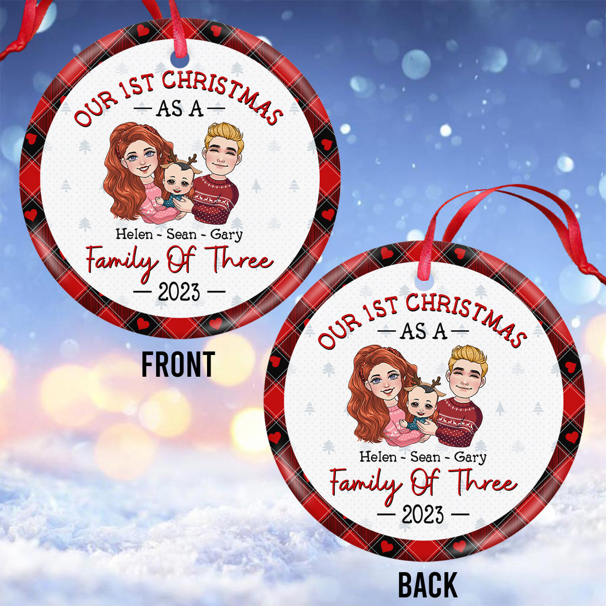 1St Christmas As Family Of Three - Gift for Newborn - Personalized Ceramic Circle Ornament